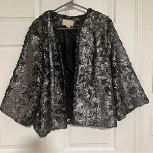H&M Black & Silver Shimmer Faux Fur Textured Open-Front Jacket Size 12 NWOT